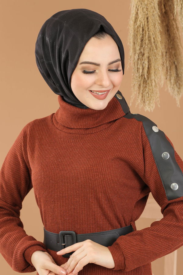Bogazlı Triko Elbise Kemer Siyah Kiremit - 8292 KİREMİT
