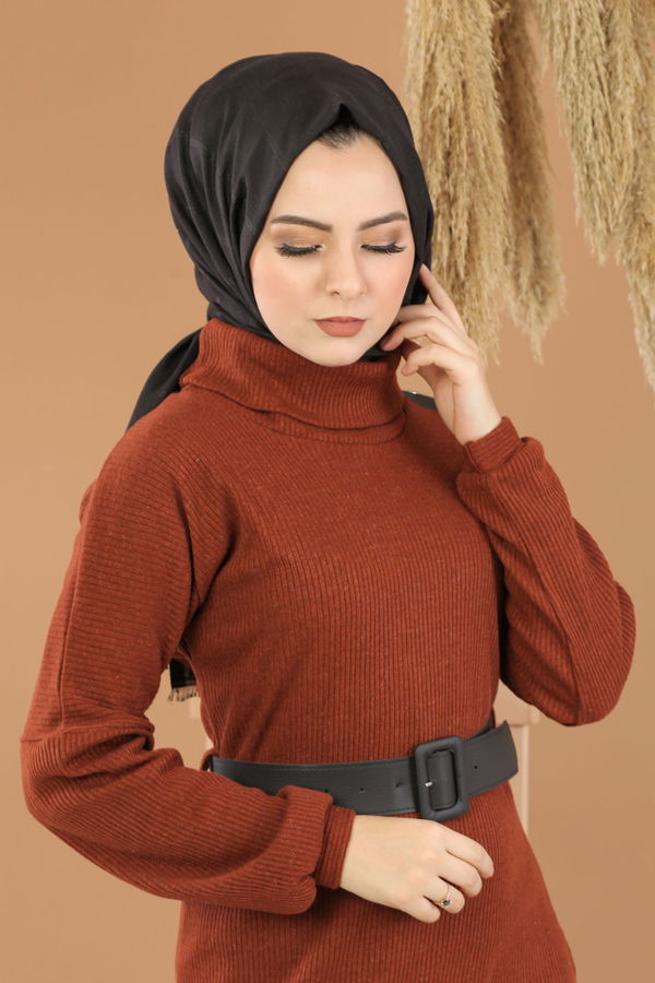 Bogazlı Triko Elbise Kemer Siyah Kiremit - 8292 KİREMİT