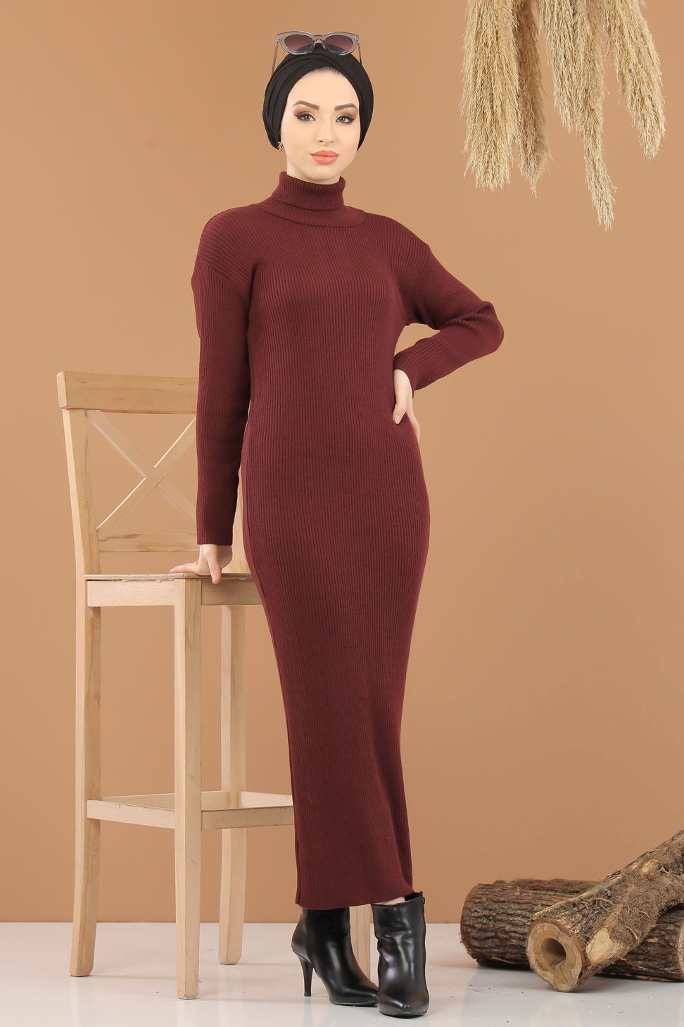 Bogazlı Triko Elbise Siyah  Bordo - 8142 BORDO