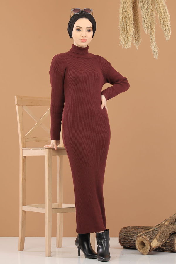 Bogazlı Triko Elbise Siyah  Bordo - 8142 BORDO