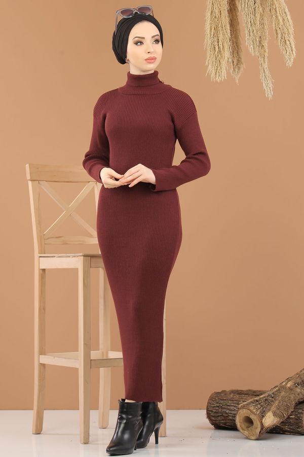 Bogazlı Triko Elbise Siyah  Bordo - 8142 BORDO