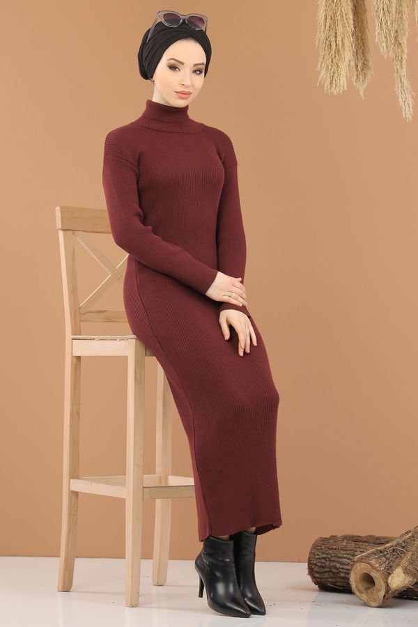 Bogazlı Triko Elbise Siyah  Bordo - 8142 BORDO