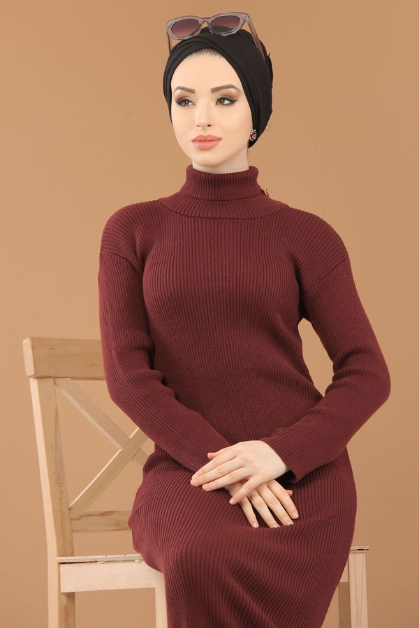Bogazlı Triko Elbise Siyah  Bordo - 8142 BORDO