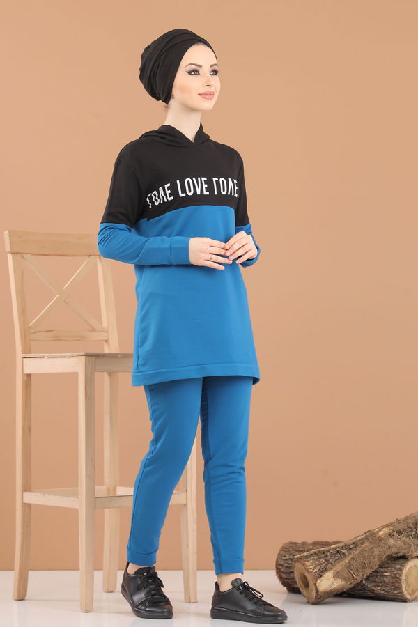 Kapşonlu Tunik Pantolon Haki Mavi - 8221