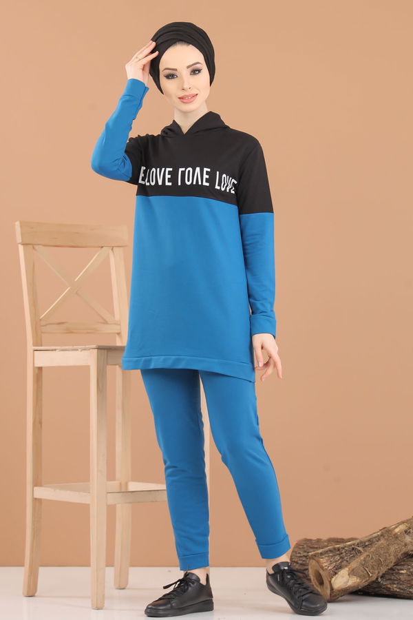 Kapşonlu Tunik Pantolon Haki Mavi - 8221