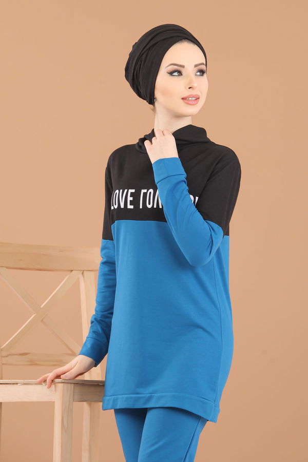 Kapşonlu Tunik Pantolon Haki Mavi - 8221