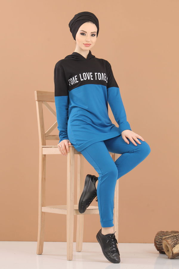 Kapşonlu Tunik Pantolon Haki Mavi - 8221