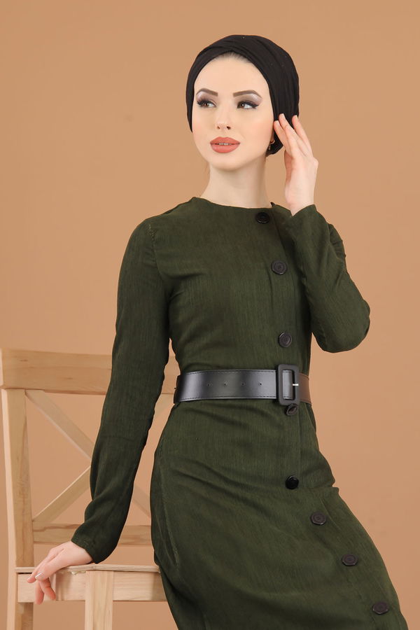 8338 KADİFE ELBİSE KEMER Haki - 8338 HAKİ