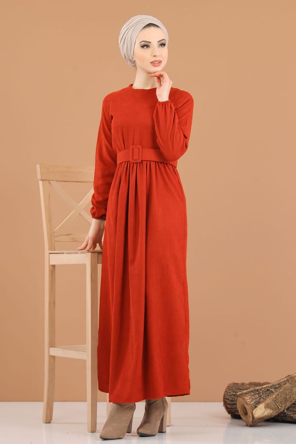 8339 KADİFE ELBİSE Kiremit - 8339