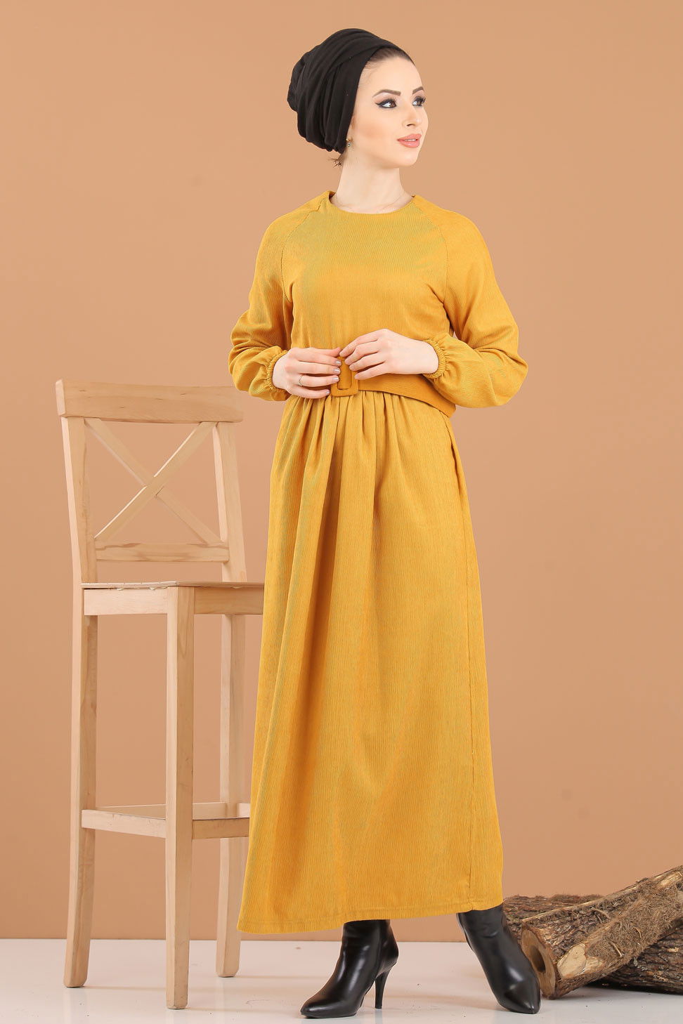 8339 KADİFE ELBİSE Sarı - 8339 Sarı