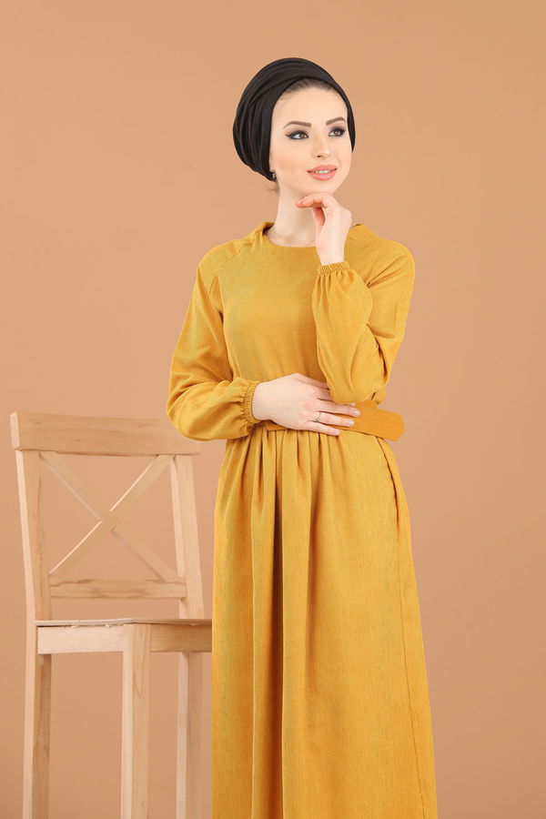 8339 KADİFE ELBİSE Sarı - 8339 Sarı