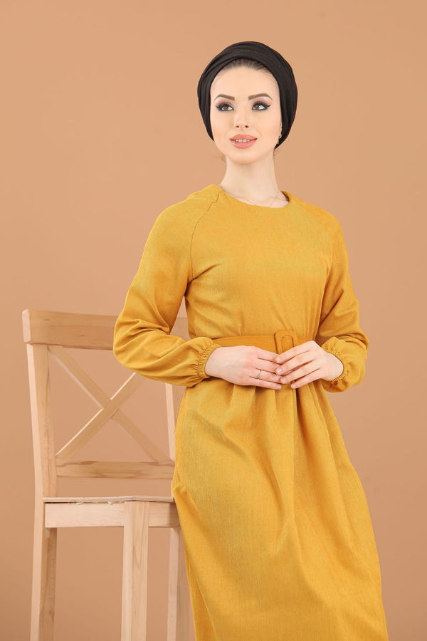 8339 KADİFE ELBİSE Sarı - 8339 Sarı