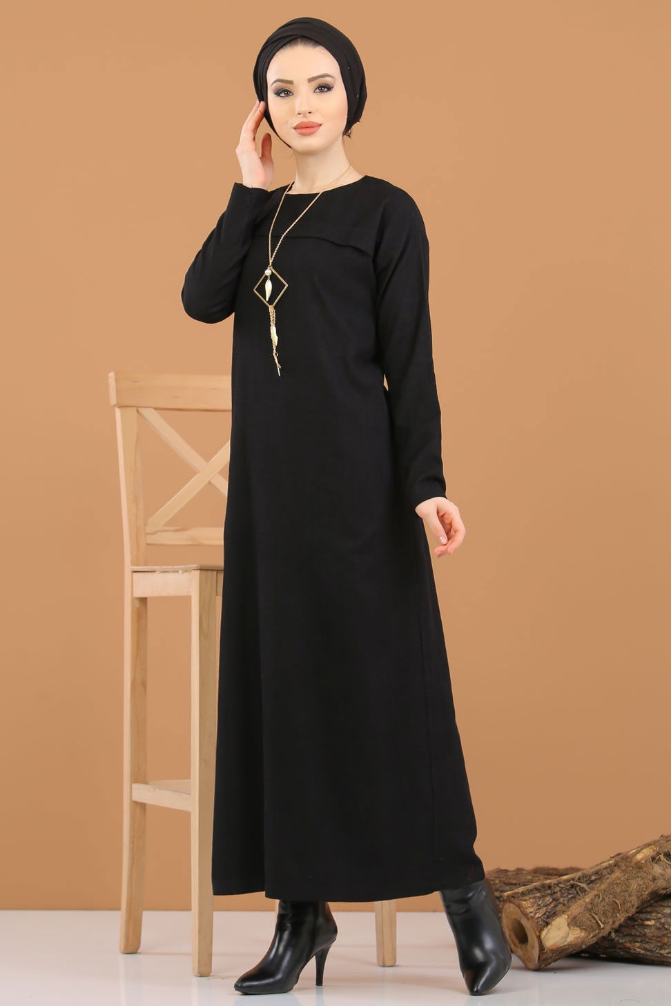 8342 KADİFE ELBİSE Siyah - 8342