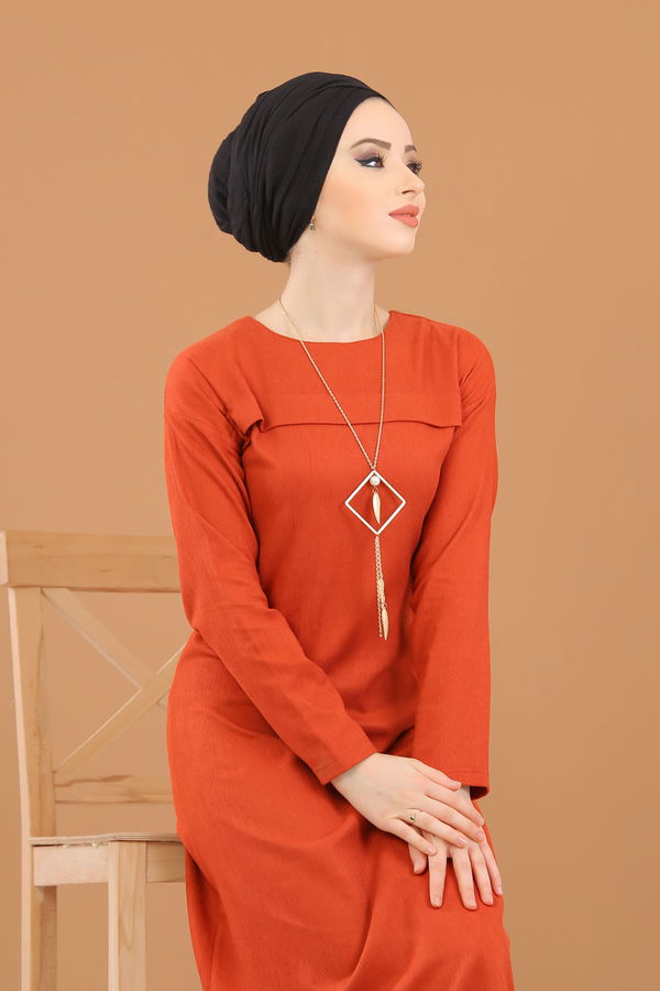 8342 KADİFE ELBİSE Kiremit - 8342