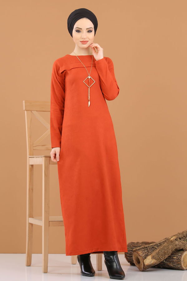 8342 KADİFE ELBİSE Kiremit - 8342