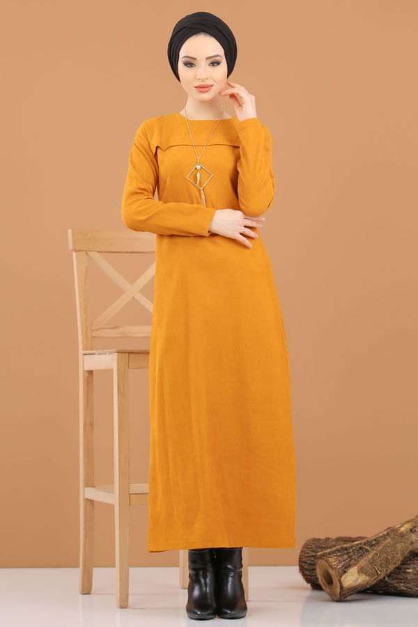 8342 KADİFE ELBİSE Sarı - 8342