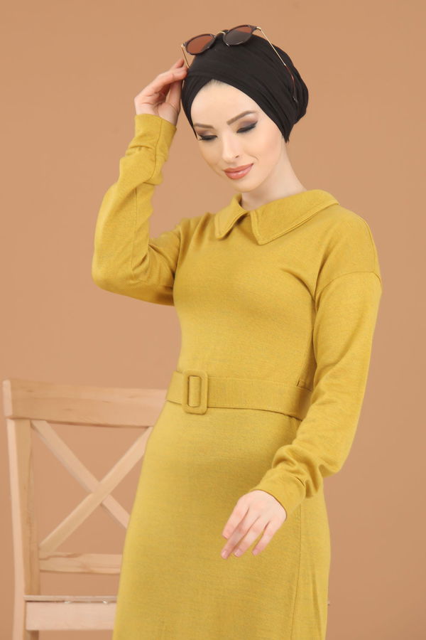 8340 TRİKO ELBİSE KEMER Sarı - 8340