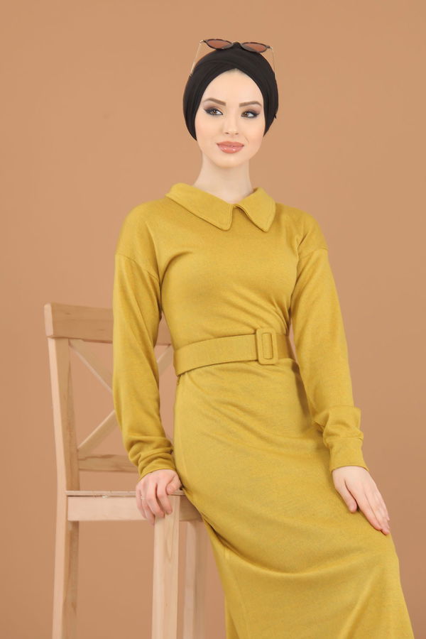 8340 TRİKO ELBİSE KEMER Sarı - 8340