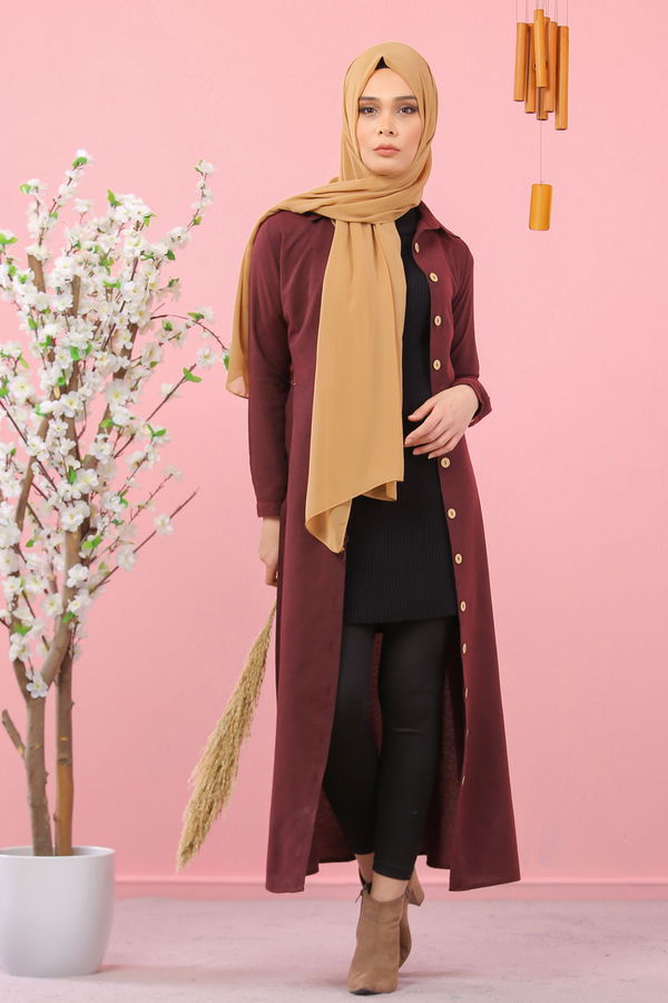 3011 DÜGMELİ UZUN GÖMLEK Bordo - 3011
