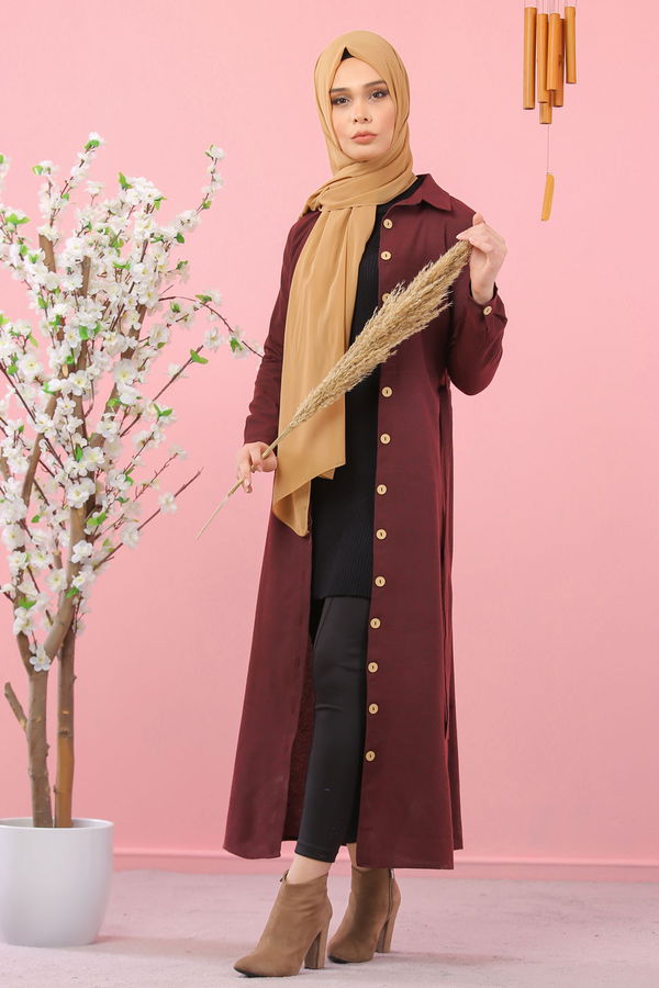 3011 DÜGMELİ UZUN GÖMLEK Bordo - 3011