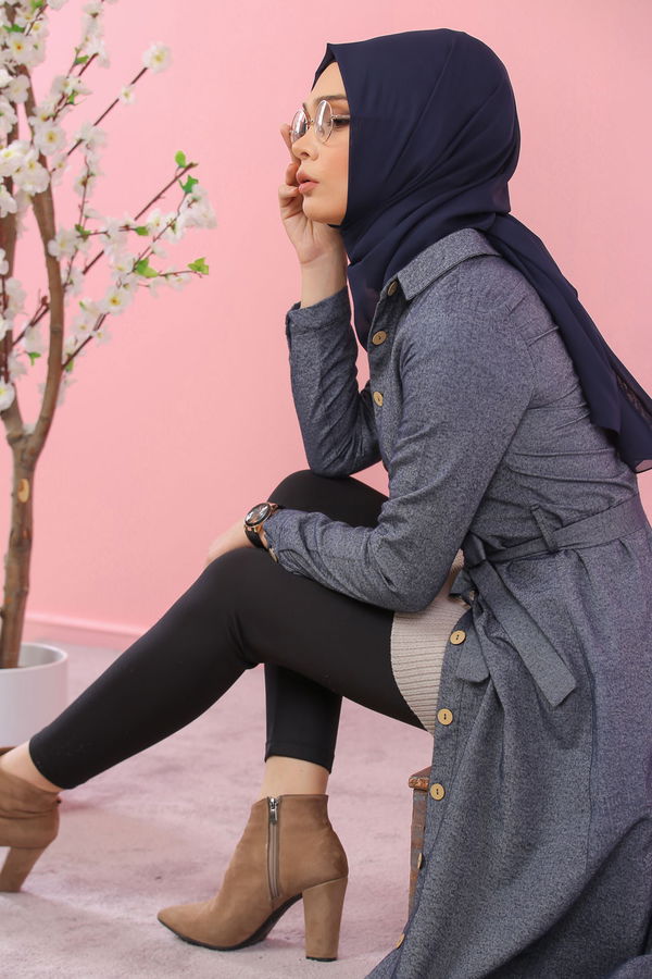 3011 DÜGMELİ UZUN GÖMLEK Lacivert - 3011