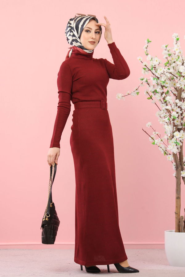8354 BOGAZLI TRIKO ELBISE KEMER Bordo - 8354