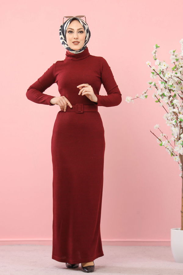 8354 BOGAZLI TRIKO ELBISE KEMER Bordo - 8354
