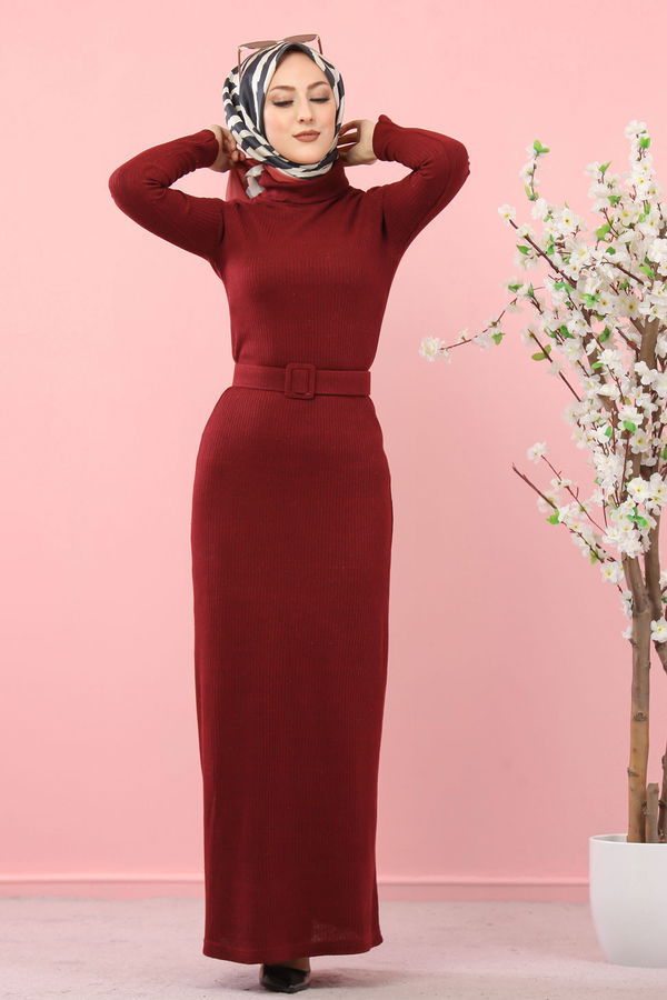 8354 BOGAZLI TRIKO ELBISE KEMER Bordo - 8354