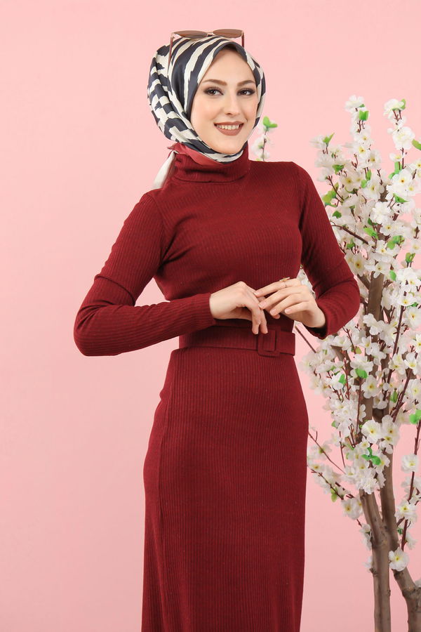 8354 BOGAZLI TRIKO ELBISE KEMER Bordo - 8354