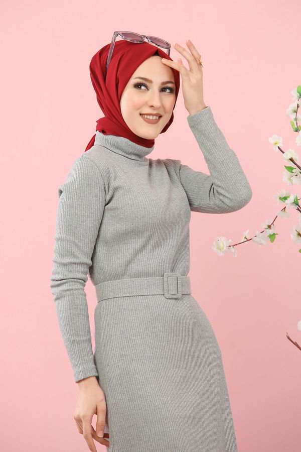 8354 BOGAZLI TRIKO ELBISE KEMER Gri - 8354