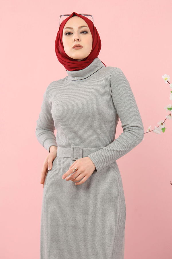 8354 BOGAZLI TRIKO ELBISE KEMER Gri - 8354