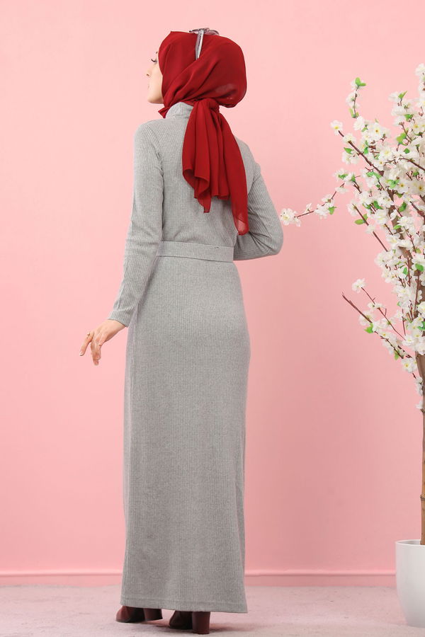 8354 BOGAZLI TRIKO ELBISE KEMER Gri - 8354