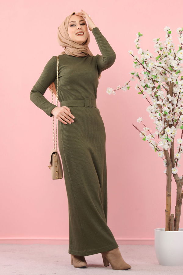 8354 BOGAZLI TRIKO ELBISE KEMER Haki - 8354 HAKİ