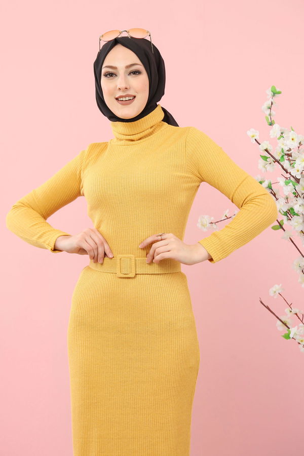 8354 BOGAZLI TRIKO ELBISE KEMER Sarı - 8354 Sarı