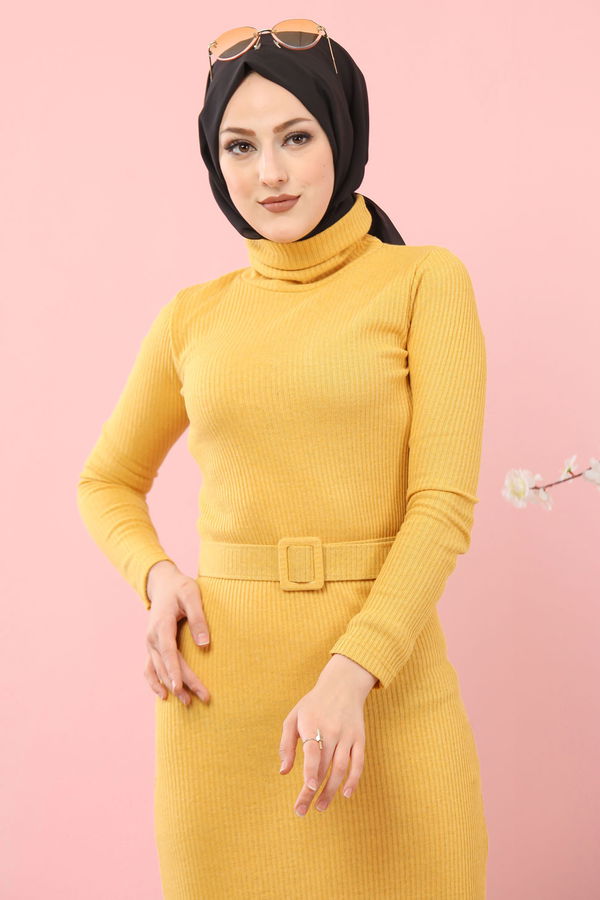 8354 BOGAZLI TRIKO ELBISE KEMER Sarı - 8354 Sarı