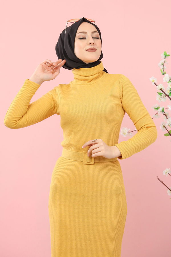 8354 BOGAZLI TRIKO ELBISE KEMER Sarı - 8354 Sarı