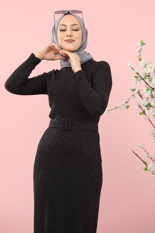 8354 BOGAZLI TRIKO ELBISE KEMER Siyah - 8354