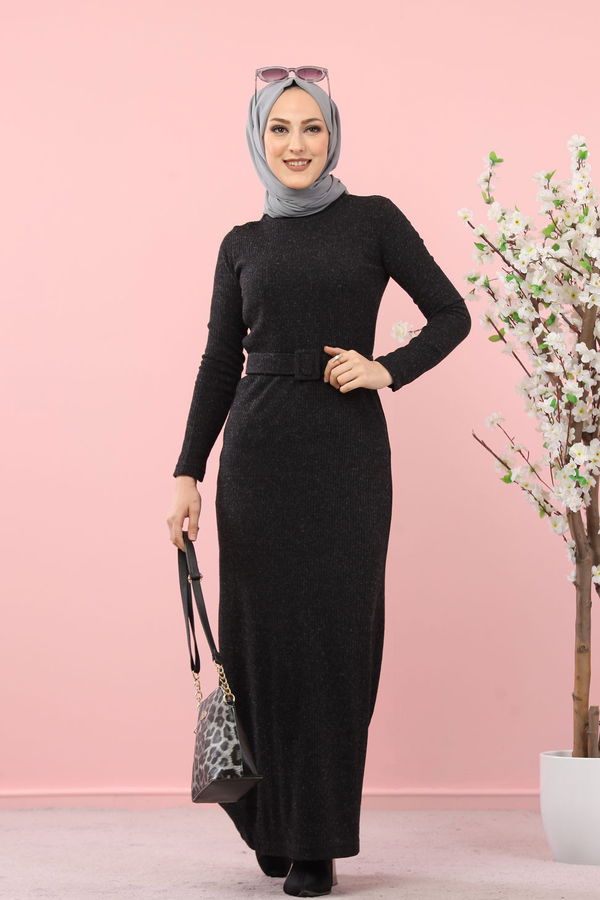 8354 BOGAZLI TRIKO ELBISE KEMER Siyah - 8354