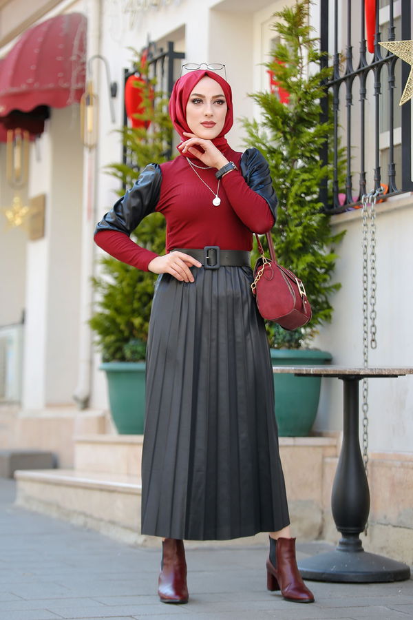 Plise Etek Bluz  Bordo - 1350 BORDO