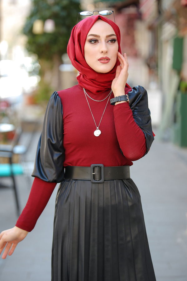 Plise Etek Bluz  Bordo - 1350 BORDO