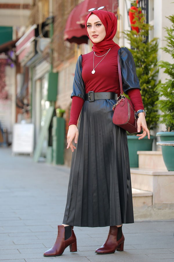 Plise Etek Bluz  Bordo - 1350 BORDO