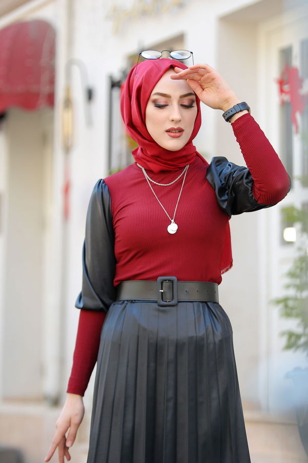 Plise Etek Bluz  Bordo - 1350 BORDO