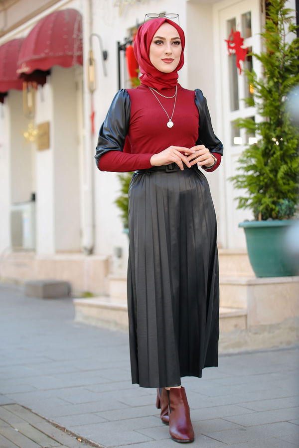 Plise Etek Bluz  Bordo - 1350 BORDO