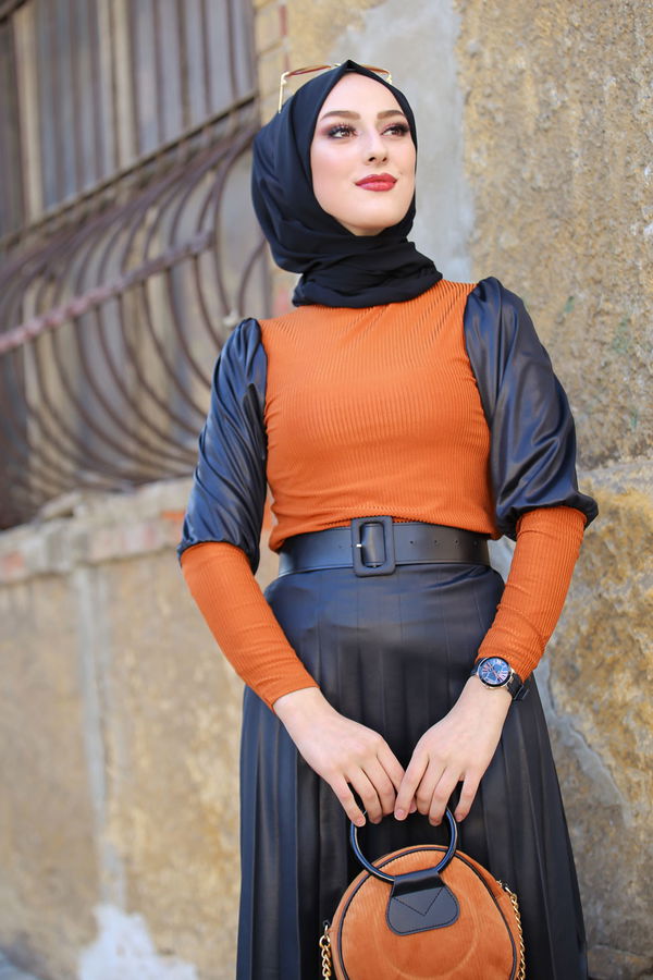 Plise Etek Bluz  Kiremit - 1350