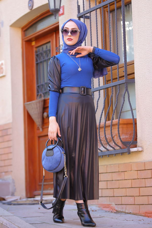 Plise Etek Bluz  Mavi - 1350 MAVİ