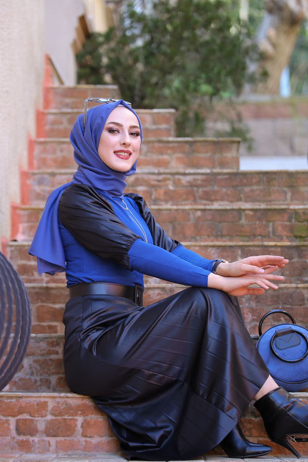 Plise Etek Bluz  Mavi - 1350 MAVİ