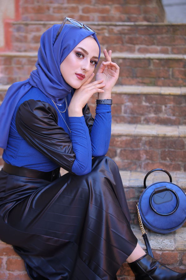 Plise Etek Bluz  Mavi - 1350 MAVİ