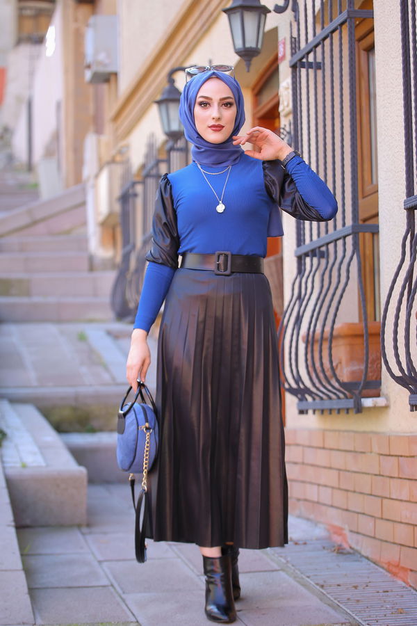 Plise Etek Bluz  Mavi - 1350 MAVİ