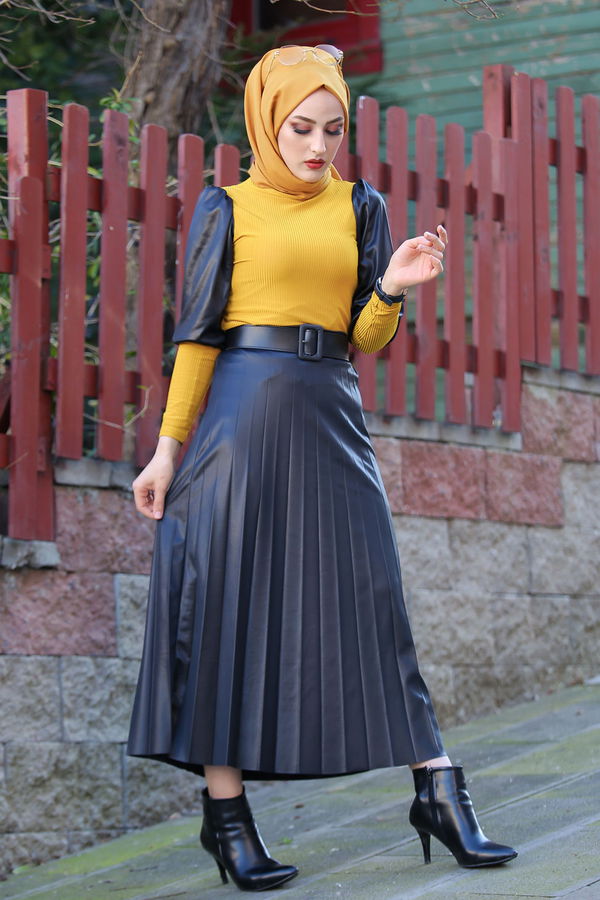 Plise Etek Bluz  Sarı - 1350
