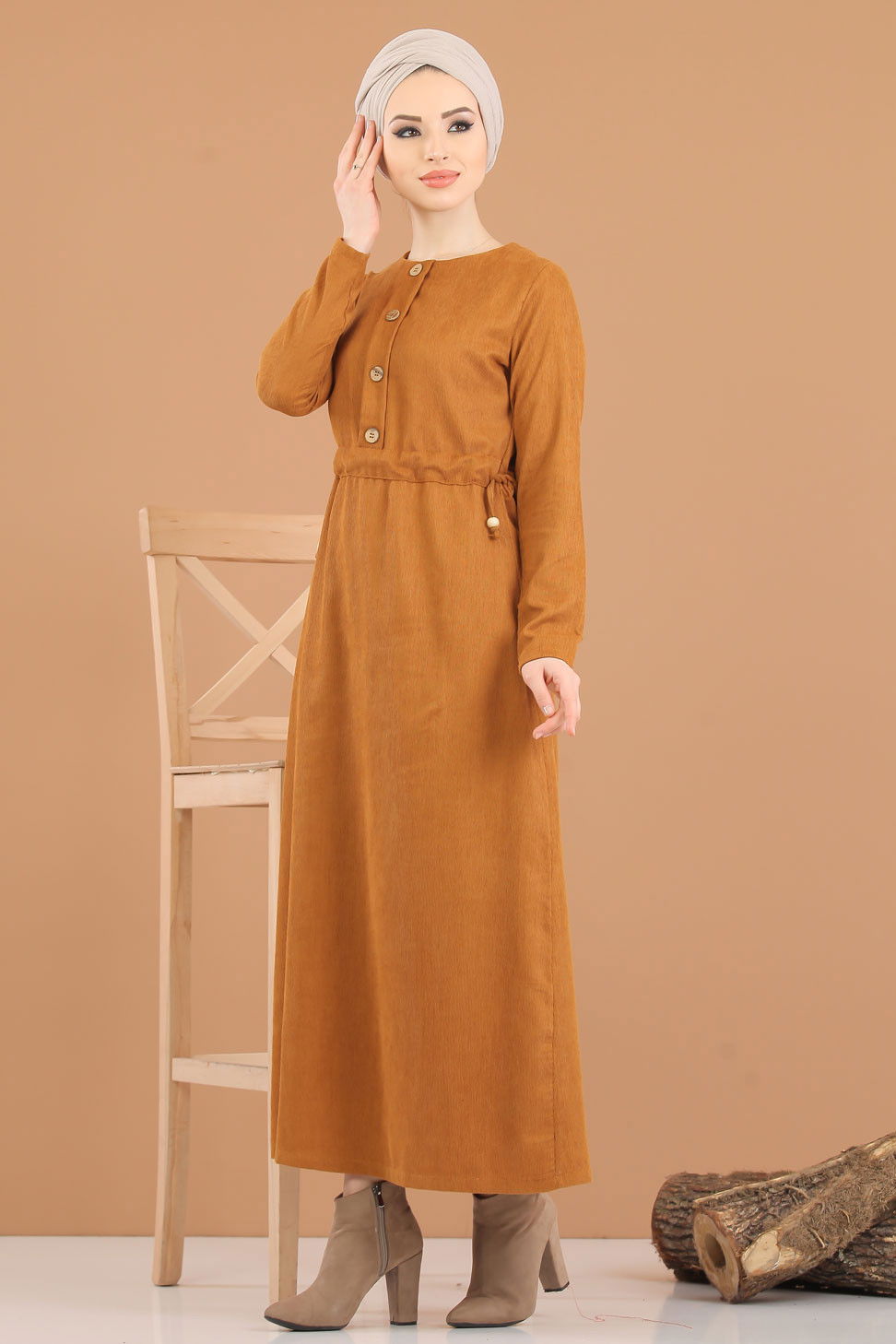 8376 KADİFE ELBİSE Kiremit - 8376 KİREMİT